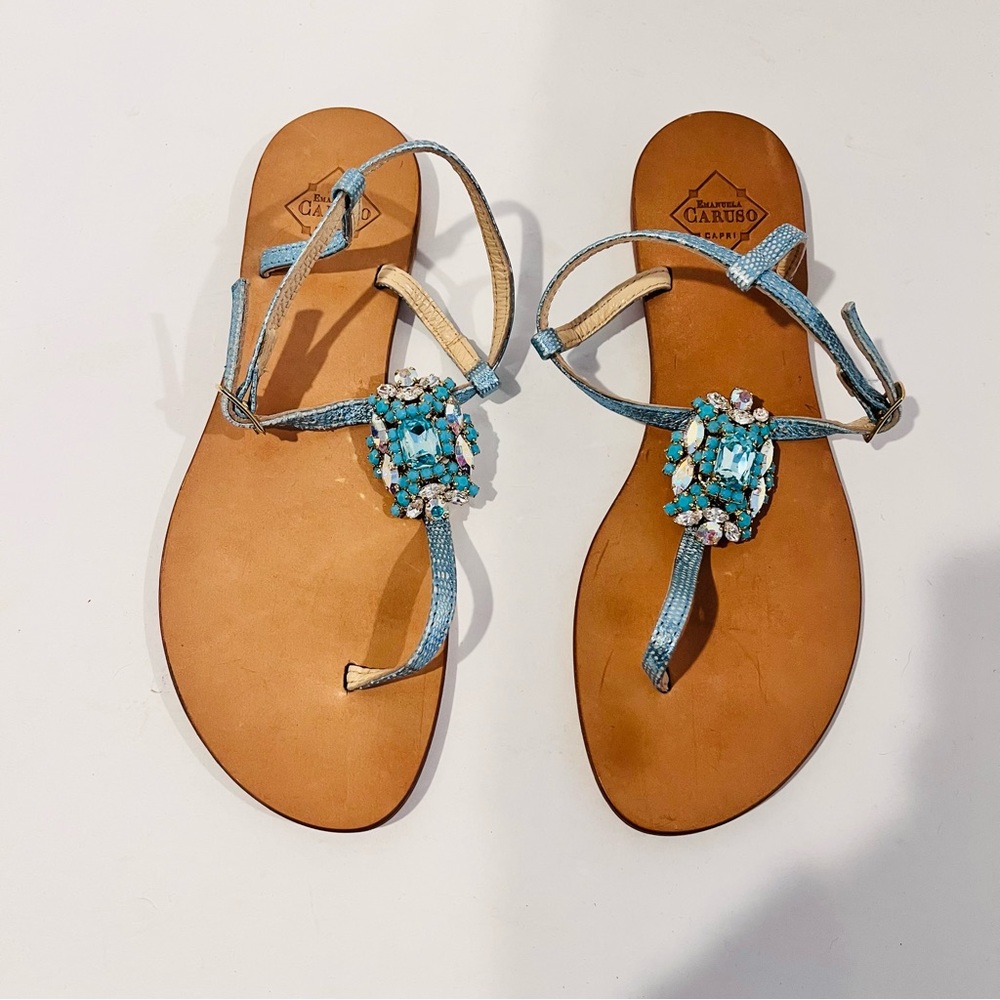 Emanuela Caruso Women’s EU 40 Blue Jeweled Bling Ankle T- Strap Leather Sandals